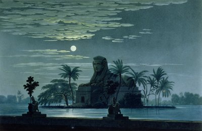 Cena de jardim com a Esfinge ao luar, Cena 2 do Ato II, cenografia para &39;A Flauta Mágica&39; de Wolfgang Amadeus Mozart (1756-91) para a casa de ópera de Berlim, 1816, de Karl Friedrich Schinkel